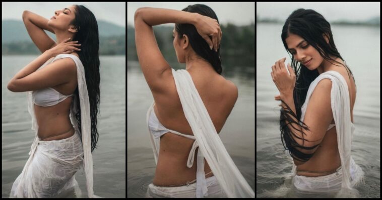 Malavika Mohanan's new white wet saree glamorous photo shoot