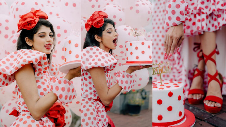 Shruti's birthday celebration is the same with the dress, cake, and balloons.